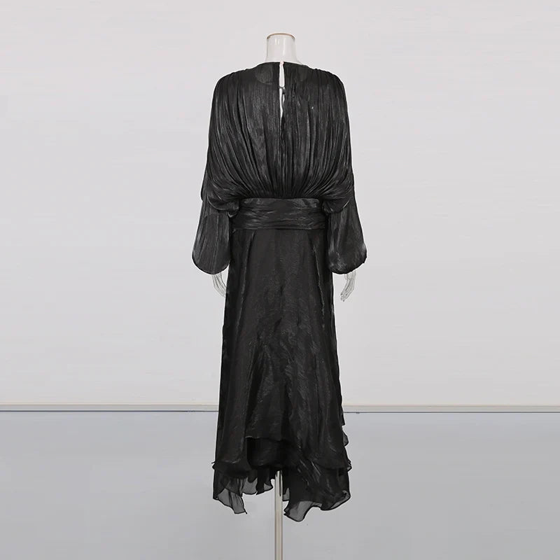 TWOTWINSTYLE Solid Loose Spliced Folds Elegant Dresses for Women Round Neck Long Sleeves Patchwork Lace Up Dress Female Fashion