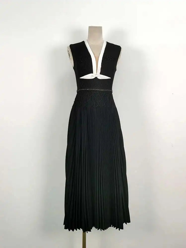 DEAT Elegant Dress Sleeveless Deep V-neck Spliced Panelled Weave Pleated Women's Party Dreeses 2025 Autumn New Fashion13DB1534