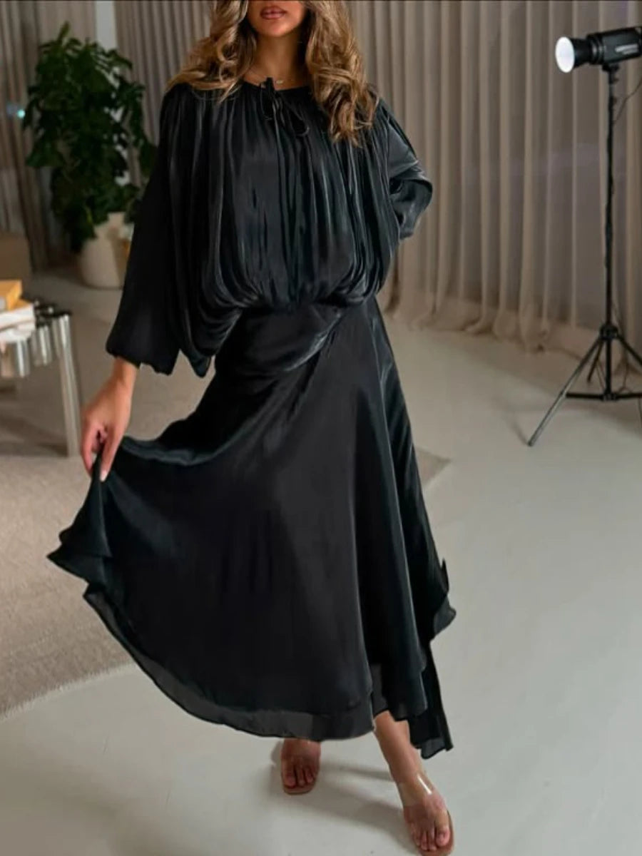 TWOTWINSTYLE Solid Loose Spliced Folds Elegant Dresses for Women Round Neck Long Sleeves Patchwork Lace Up Dress Female Fashion