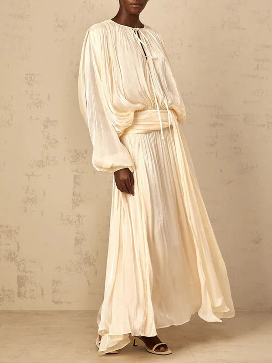 TWOTWINSTYLE Solid Loose Spliced Folds Elegant Dresses for Women Round Neck Long Sleeves Patchwork Lace Up Dress Female Fashion