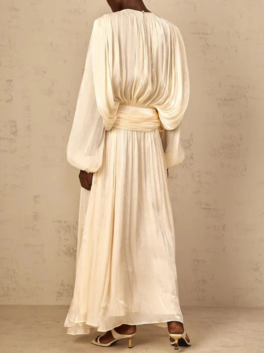 TWOTWINSTYLE Solid Loose Spliced Folds Elegant Dresses for Women Round Neck Long Sleeves Patchwork Lace Up Dress Female Fashion